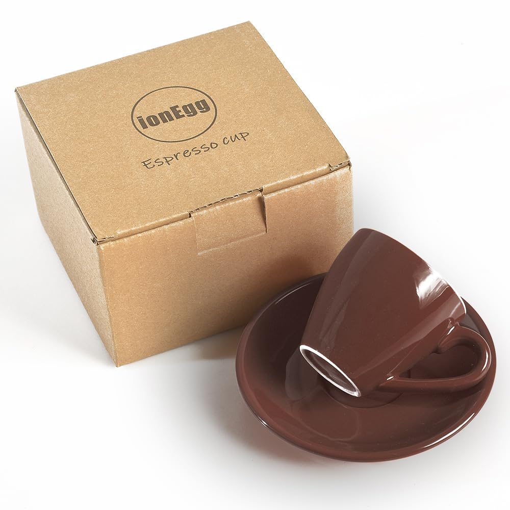 ionEgg Tasse à espresso en porcelaine avec soucoupe, verre à schnapps expresso, 80 ml, Marron